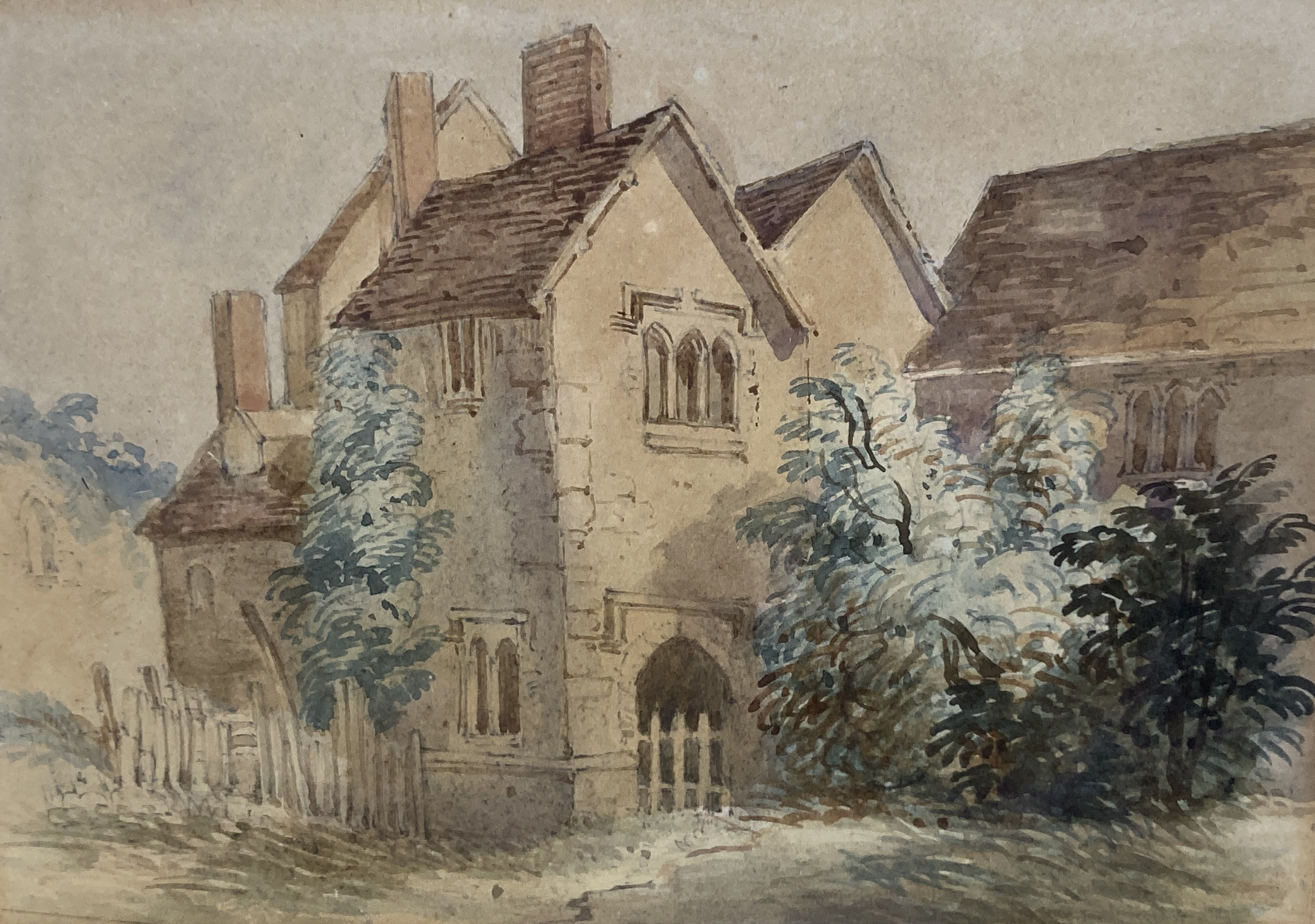 B.A. Richmond, oil on canvas, 17th century style Dutch river landscape, 30 x 60cm, an oil of a riverside church, c.1900 and a small watercolour of a cottage